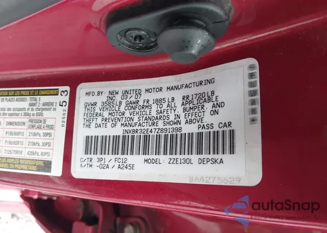 2007 Toyota Corolla S z USA, uszkodzony, nr VIN 1NXBR32E47Z891398